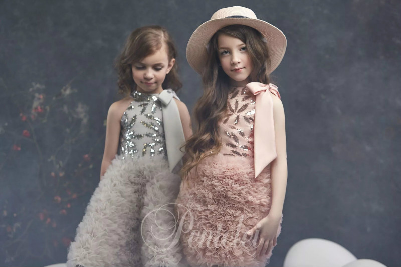 Dreamly A Line Flower Girl Dress Halter Sleeveless Hollow Bow Sequins Ruffles Tulle Tiered Pageant Dress Knee Length Girl's Birthday Part