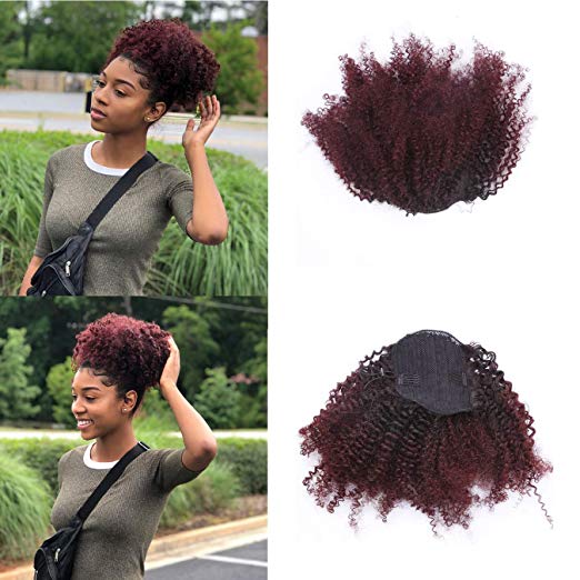 Afro Ponytail Kinky Curly Drawstring Ponytail Ombre Brown Color Hair Extensions Drawstring Curly Ponytail for Women 120g