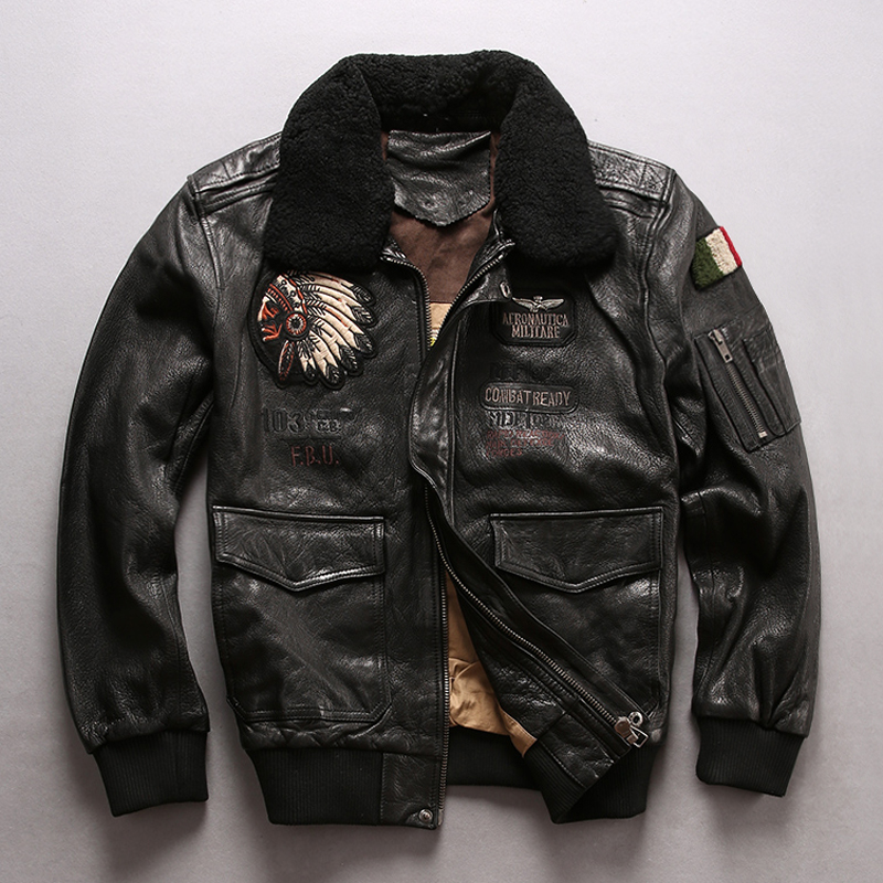 Avirex flight jacket men's fur collar real leather jacket with chief embroidery stylish winter bomber lether coat men, Black
Avirex flight jacket men's fur collar real leather jacket with chief embroidery stylish winter bomber lether coat men, Black