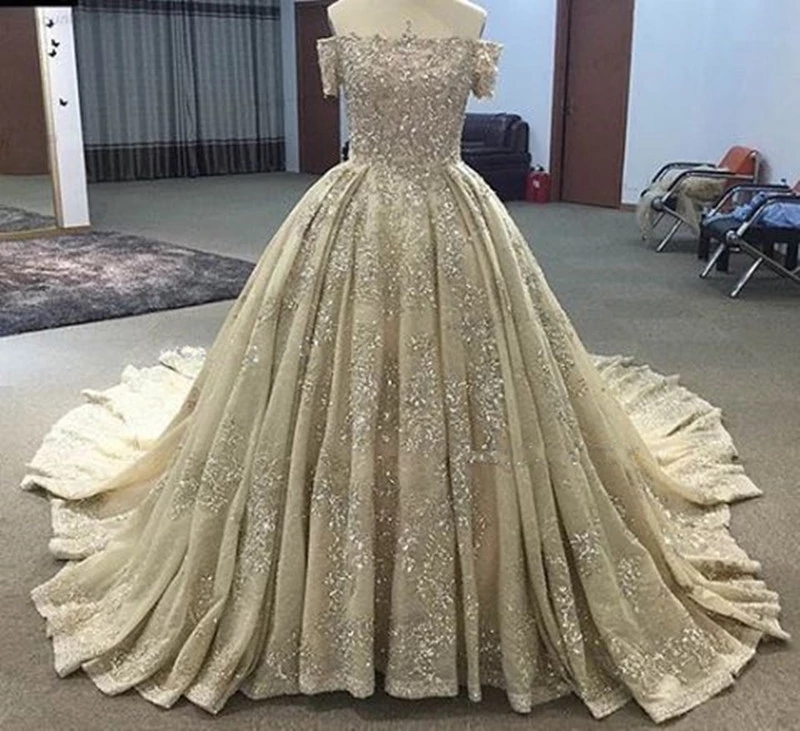 Luxury Dubai Ball Gown Weeding Dresses Bling Bling Off Shoulder Sequins Bridal Gowns Plus Size Puffy Backless Sweep Train Wedding Dress