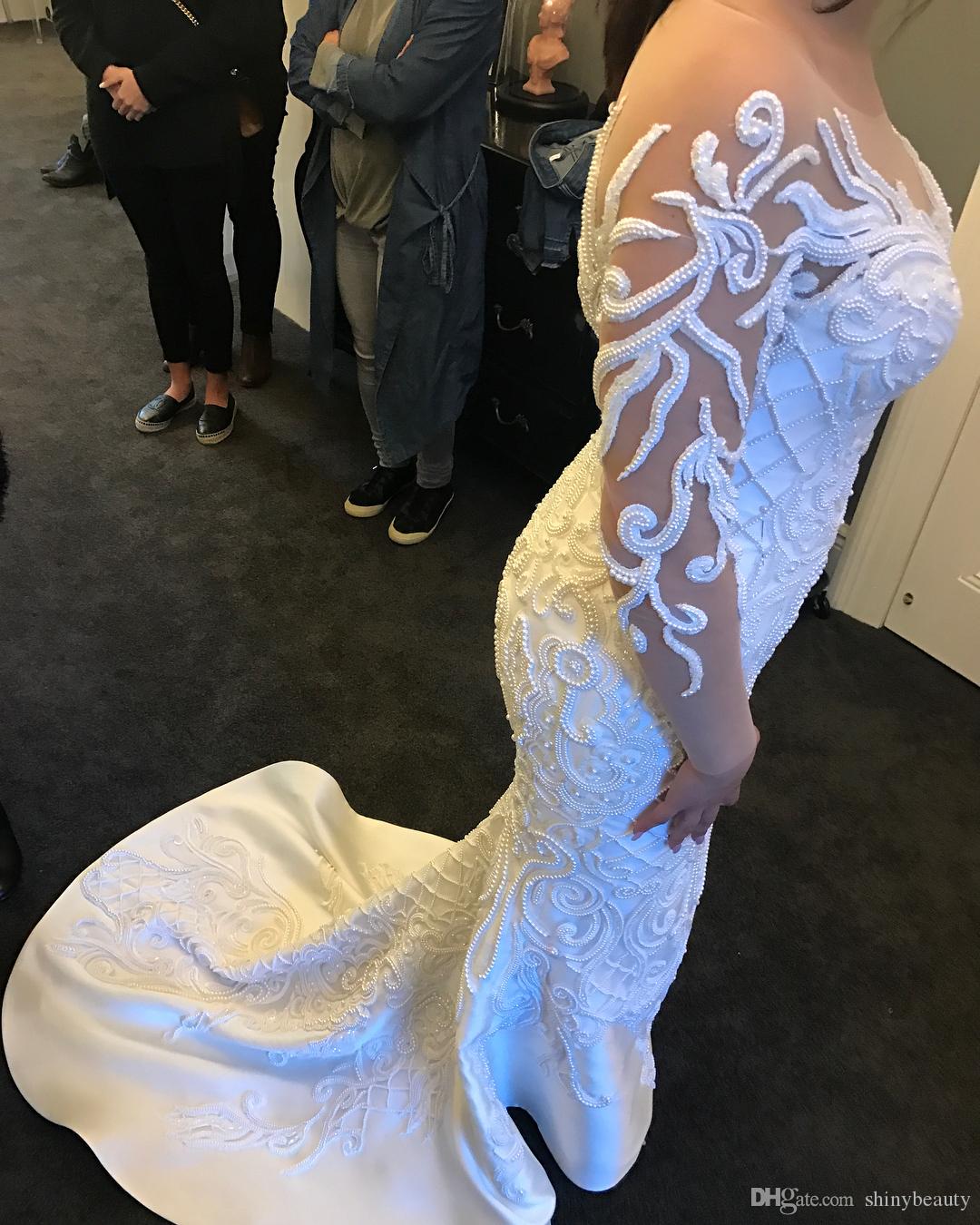 2020 Gorgeous Mermaid Wedding Dresses With Detachable Train Lace Appliqued Pearls Long Sleeve Wedding Dress Custom Made Robes De Mariée
