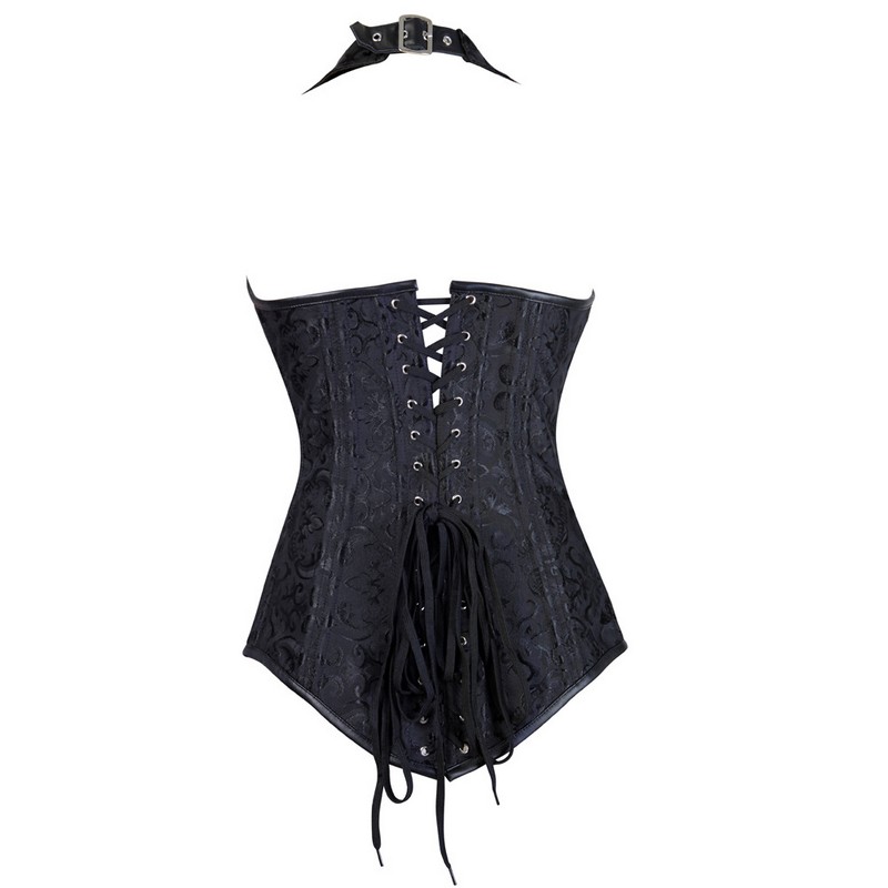 Women Jacquard Halterneck Overbust Corset Vest Plastic Boned Body Shaper Waist Cincher Slimming Corselet with Lapel Collar S-XXL Black Brown