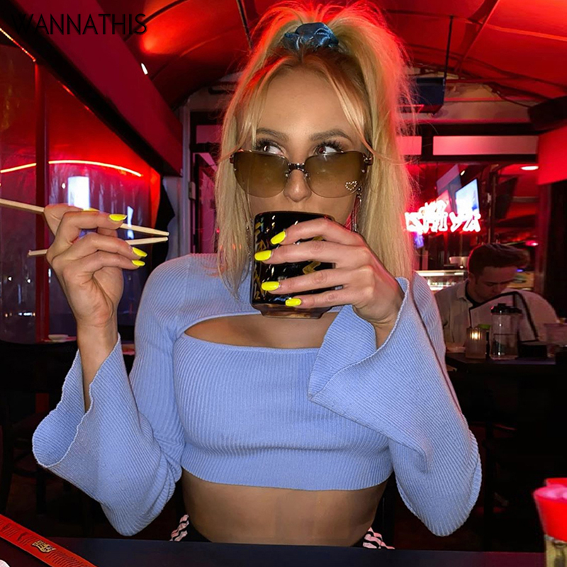 Women's T-Shirt Blue Hole Cropped Shirt Flare Sleeve Hight Neck Cut Out Sexy Fashion Autumn Elastic Slim Women Knitted Tee Shirt1