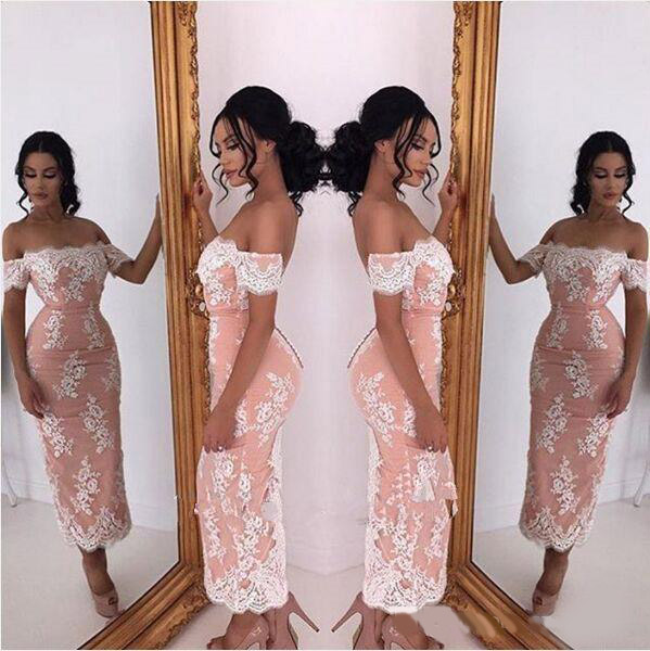 2020 Lace Tea Length Party Wear Cocktail Dubai Arabic Style Off Shoulder Sheath Short Prom Dresses Plus Size Bridesmaid Dresses