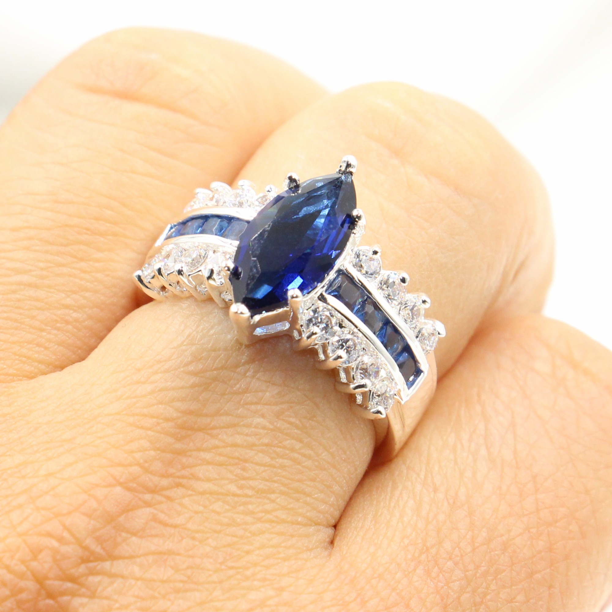 Victoria Wieck Luxury Jewelry 925 Sterling Silver Marquise Cut Blue Sapphire CZ Diamond Women Wedding Engagement Band Ring For Lovers' Gift
