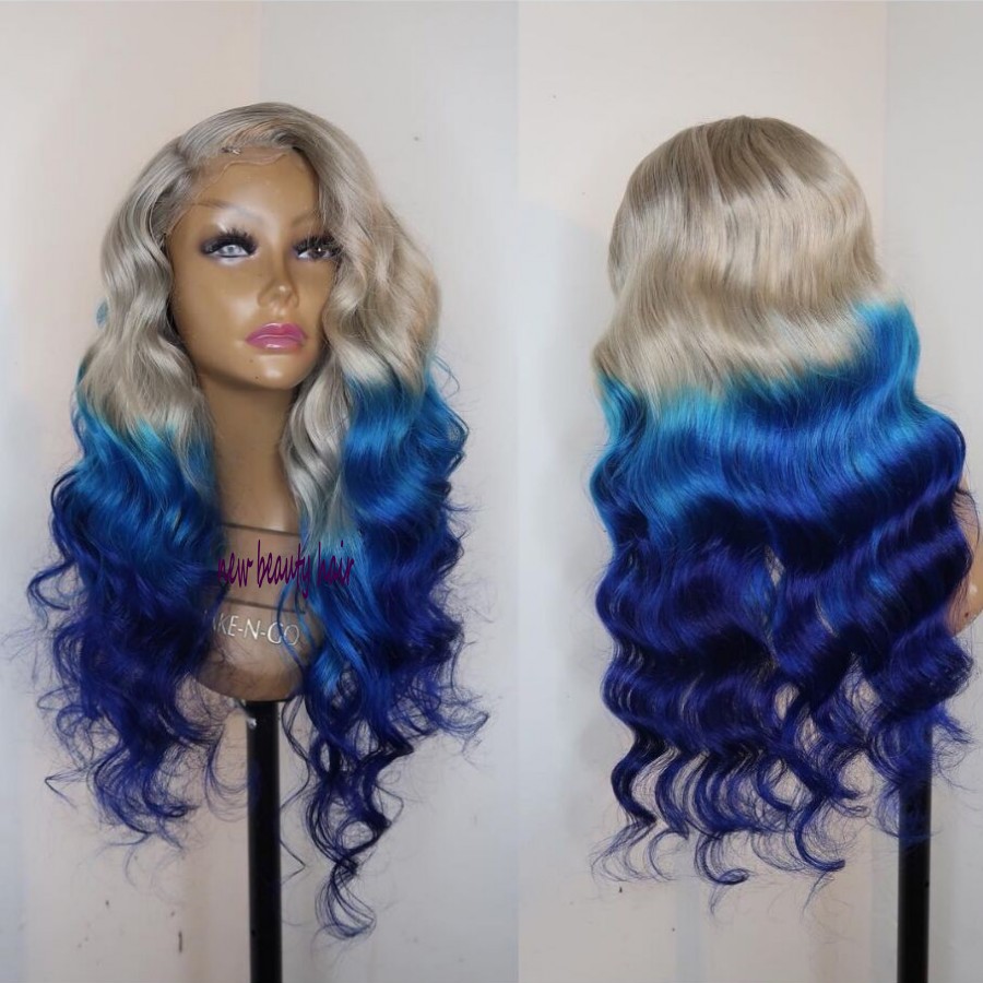 High Temperature Fiber Glueless Brazilian Hair Peruca Long body wave white grey Ombre blue Synthetic Lace Front Wig For White/Black Women