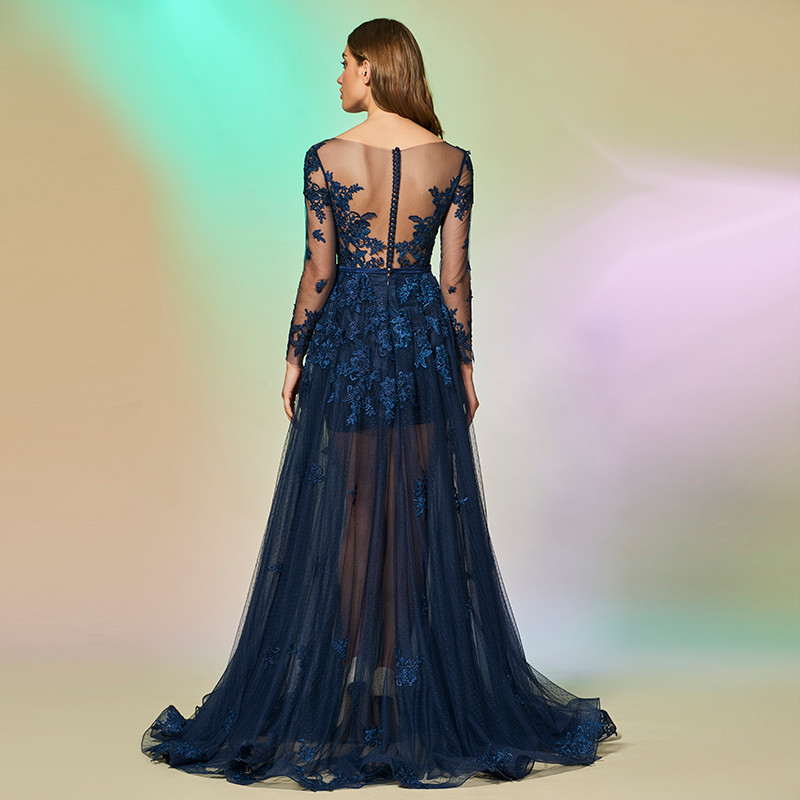 Elegant Navy Blue Lace A Line Prom Dresses Custom Long Sleeve Evening Sweep Train Sheer Neck Party Gowns Robe De Mariée