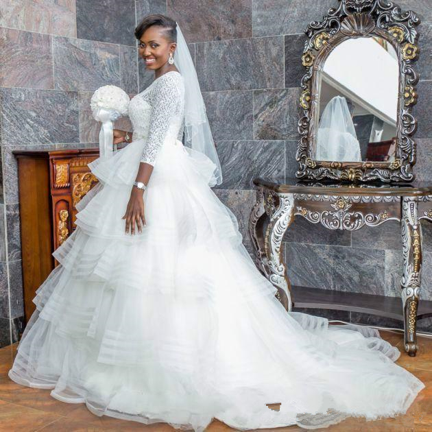 Princess Arabic Wedding Dresses Lace Beads Sash 3/4 Long Sleeve Tieres Plus Size African Saudi Arabia Bridal Gowns Beach Vestido de novia