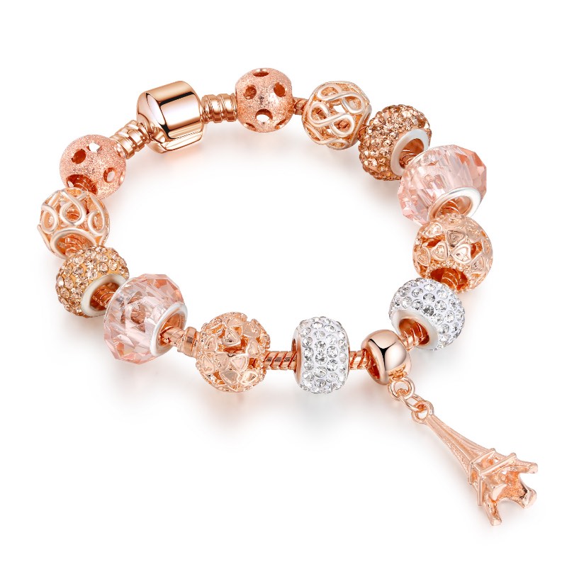 Rose Gold Crystal Glass Perforated Bead Tower Bracelets Fashion Brand Charm Bracelet Women Jewelry Wholesale