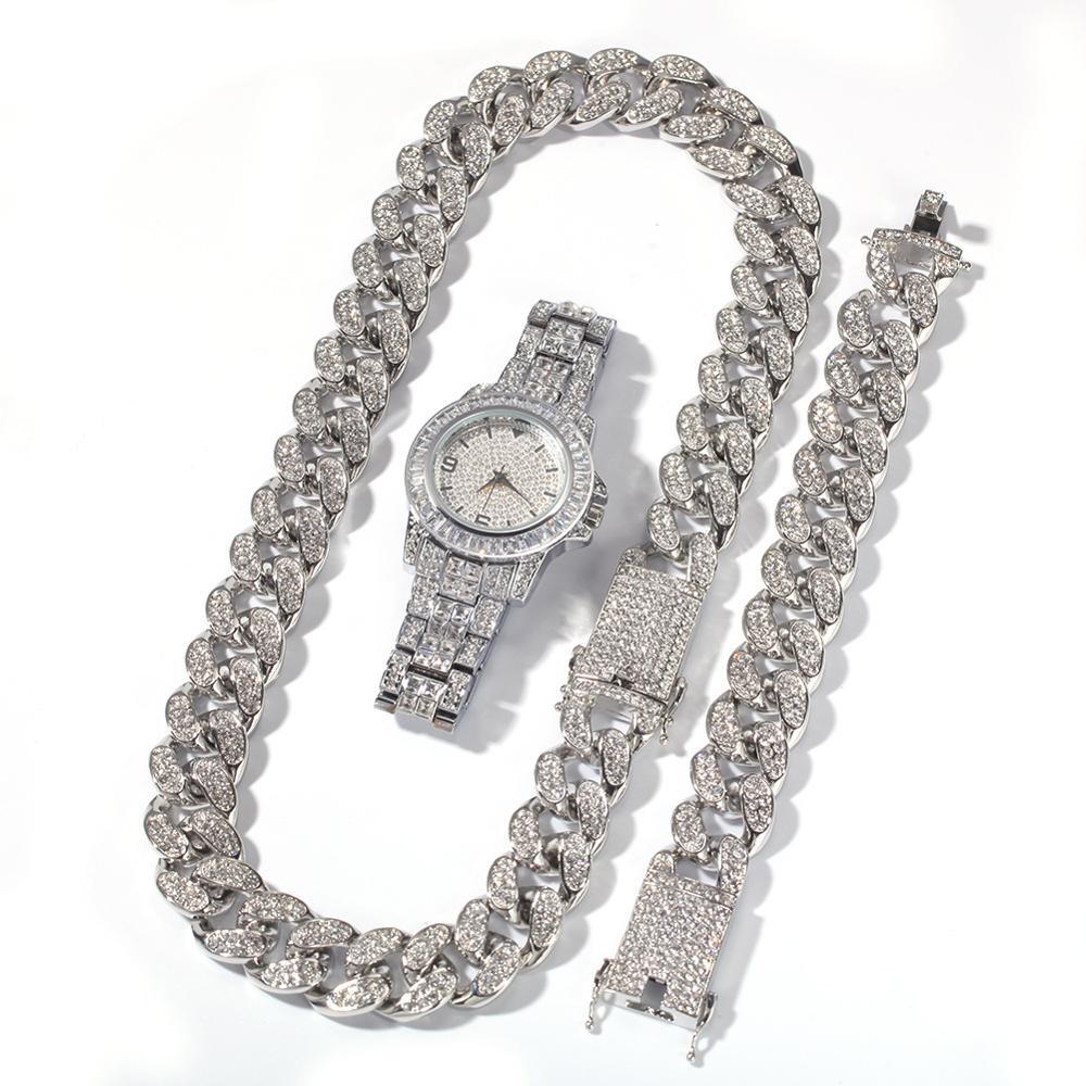 3pcs/set Men Hip hop iced out bling Chain Necklace Bracelets watch 20mm width cuban Chains Necklaces Hiphop charm jewelry gifts