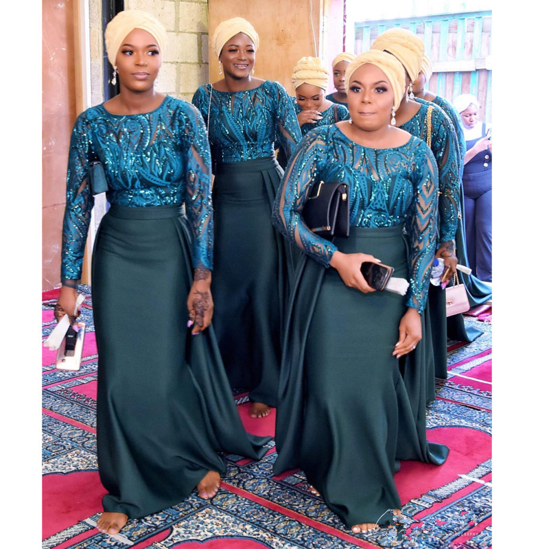 Teal Blue Mermaid Bridesmaid Dresses Plus Size Full Sleeves Sequined Appliques Satin Wedding Guest Dress Arabia Formal Prom Gowns