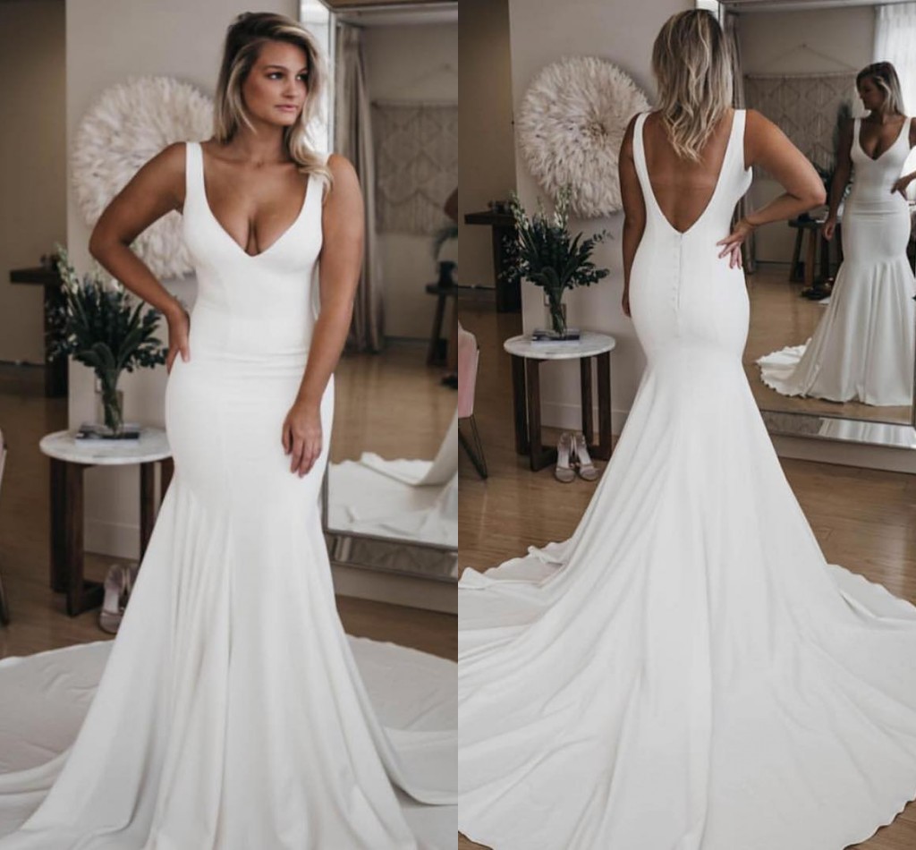 2019 Sexy Mermaid Wedding Dresses Satin V Neck Sweep Train Backless Beach Wedding Dress Custom Made Cheap Bridal Dress abiti da sposa, Pink
2019 Sexy Mermaid Wedding Dresses Satin V Neck Sweep Train Backless Beach Wedding Dress Custom Made Cheap Bridal Dress abiti da sposa, Pink