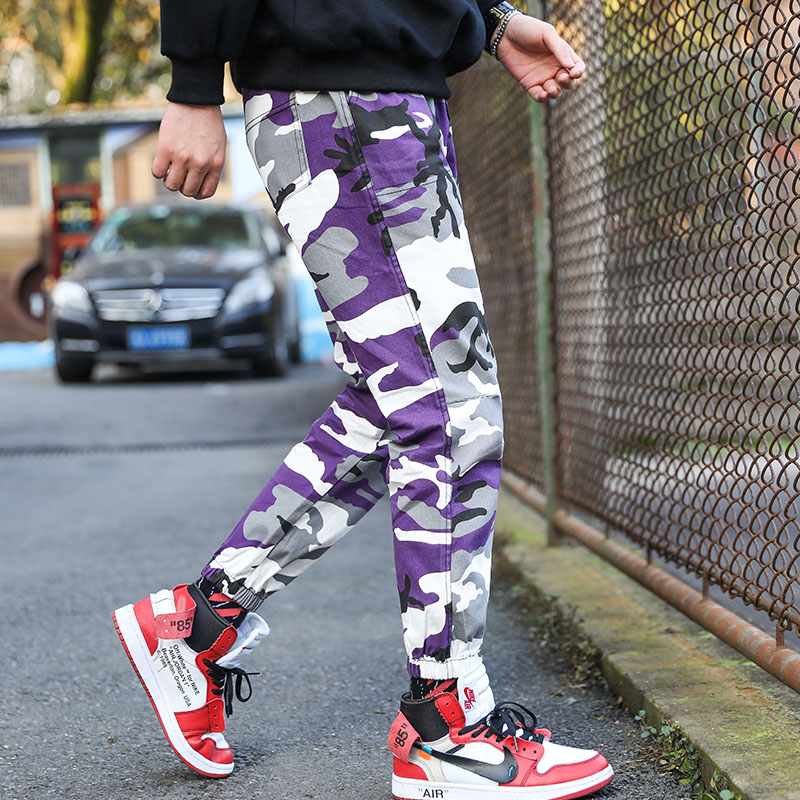 Men's Pants ASIAN SIZE Purple Camo Yellow Fashion Hip Mens Twill Skinny Jogger Activewear Sweatpant Cargo Pocket