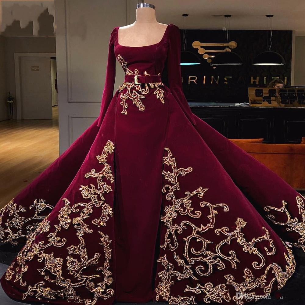 Dubai Dark Red Overskirts Velvet Evening Dresses With Appliques Long Sleeves Prom Dress robes de soiree Party Gowns, Burgundy
Dubai Dark Red Overskirts Velvet Evening Dresses With Appliques Long Sleeves Prom Dress robes de soiree Party Gowns, Burgundy