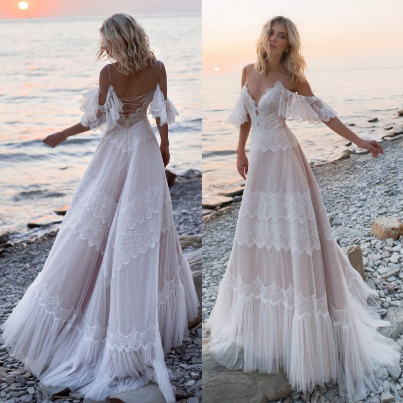 Charming Beach Lace Wedding Dresses Plunging Neck Backless Bohemian Bridal Gowns A Line Floor Length Tulle Boho Vestido De Novia