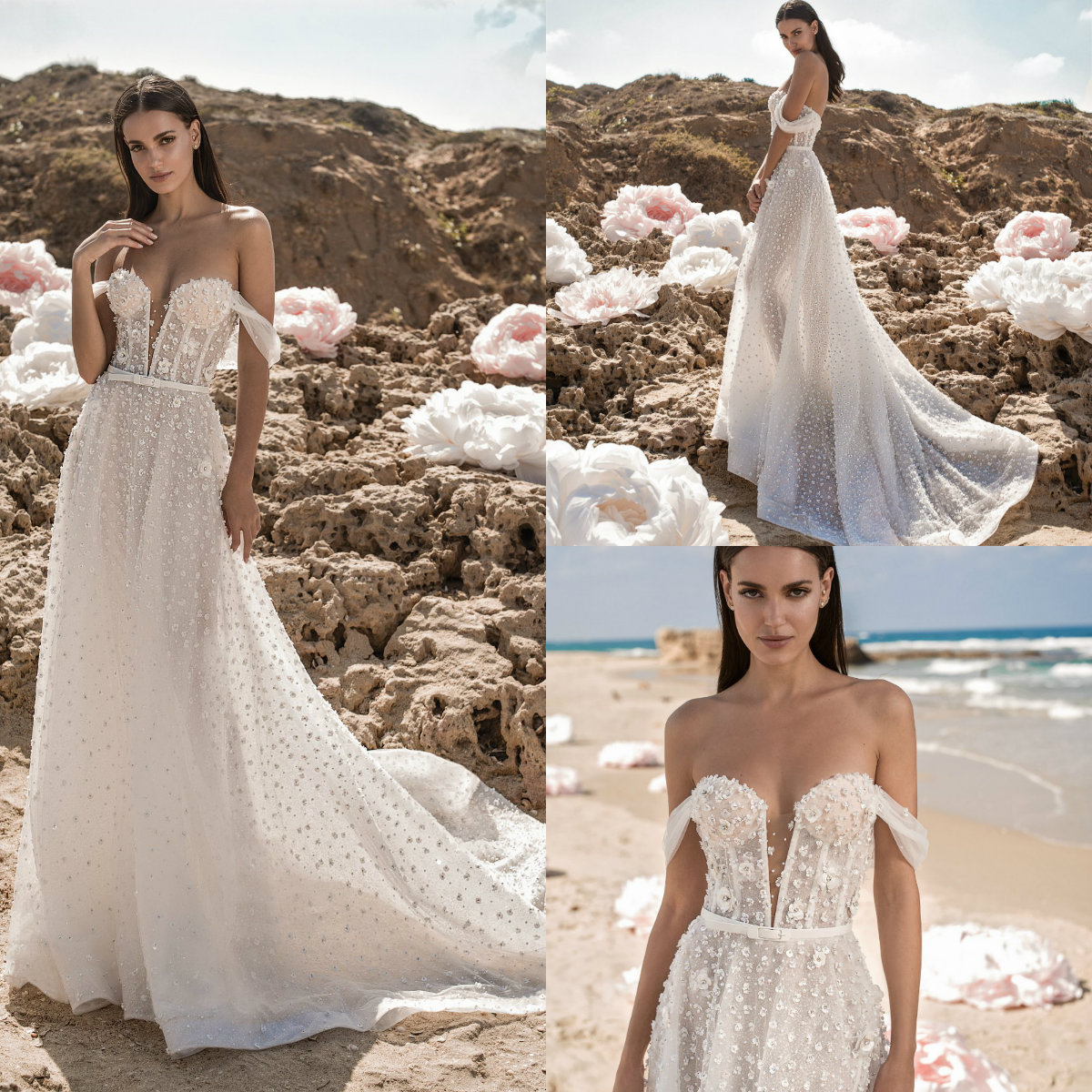 2019 Berta Boho Wedding Dresses Off The Shoulder Lace 3D Floral Applique Beaded Cheap Bridal Gowns A Line Custom Made Beach Wedding Dress