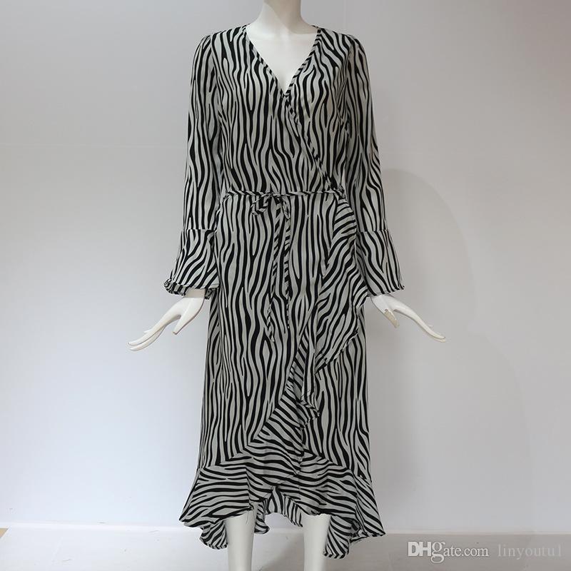 Summer Long Dresses 2020 Women Zebra Print Beach Chiffon Dress Casual Long Sleeve V Neck Ruffles Elegant Party Dress