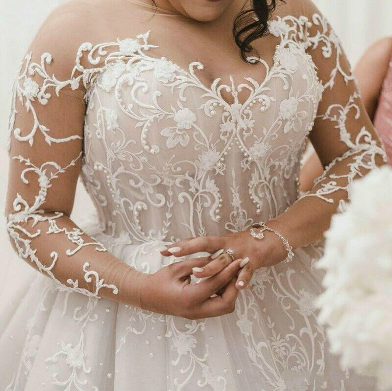 Plus Size Wedding Dresses Boho Jewel Neck Lace Appliques A Line Country Bridal Gowns Sweep Train Long Sleeve Beach Wedding Dress
