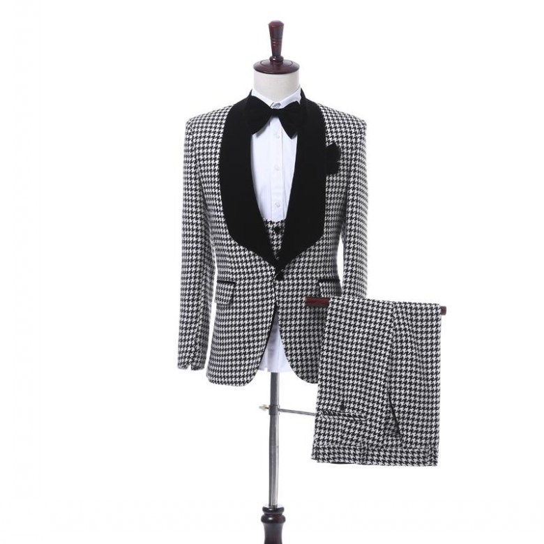 New Arrival One Button Houndstooth Wedding Groom Tuxedos Shawl Lapel Groomsmen Men Suits Prom Blazer (Jacket+Pants+Vest+Tie) W30