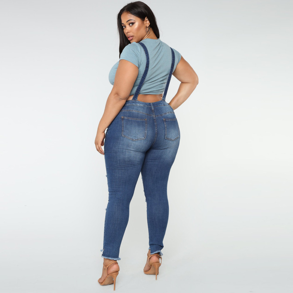 Women Casual Denim Bib Slim Pants Overalls Jeans Straps Demin Trouser Hole Zipper Jumpsuit #0225