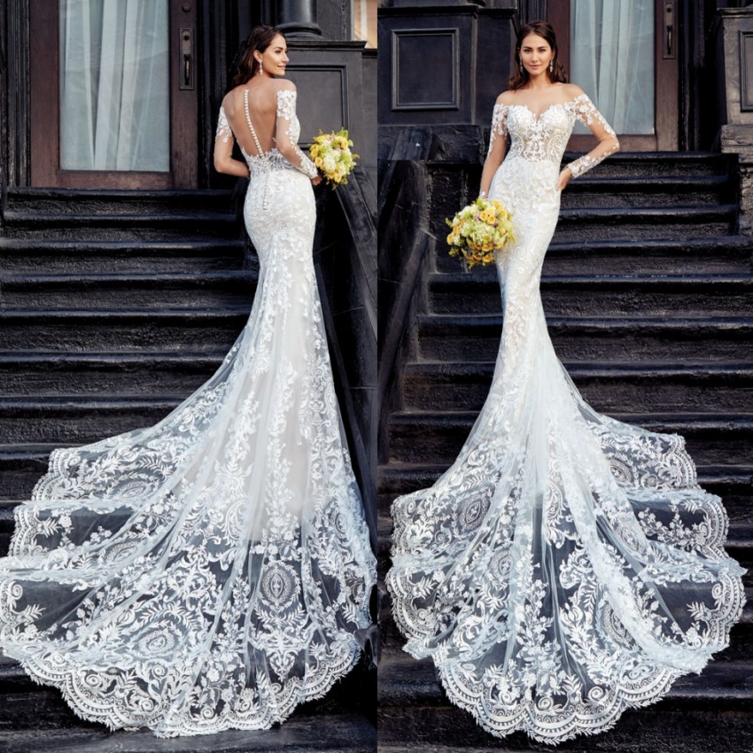 Mermaid Amazing Lace Wedding Dresses Sheer Off The Shoulder Long Sleeves Bridal Gowns See Through Buttons Back Sweep Train Robes De Mari E