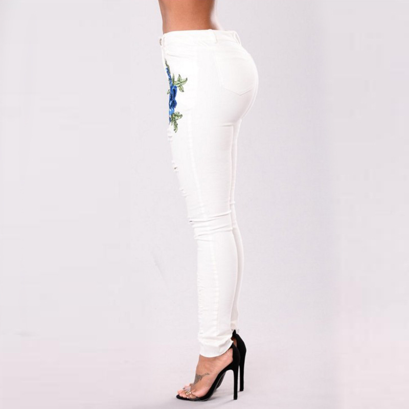 Wish Hot Sales WOMEN'S Pants Embroidery with Holes Beggar High Waist Jeans Foreign Trade Export Pencil Pants