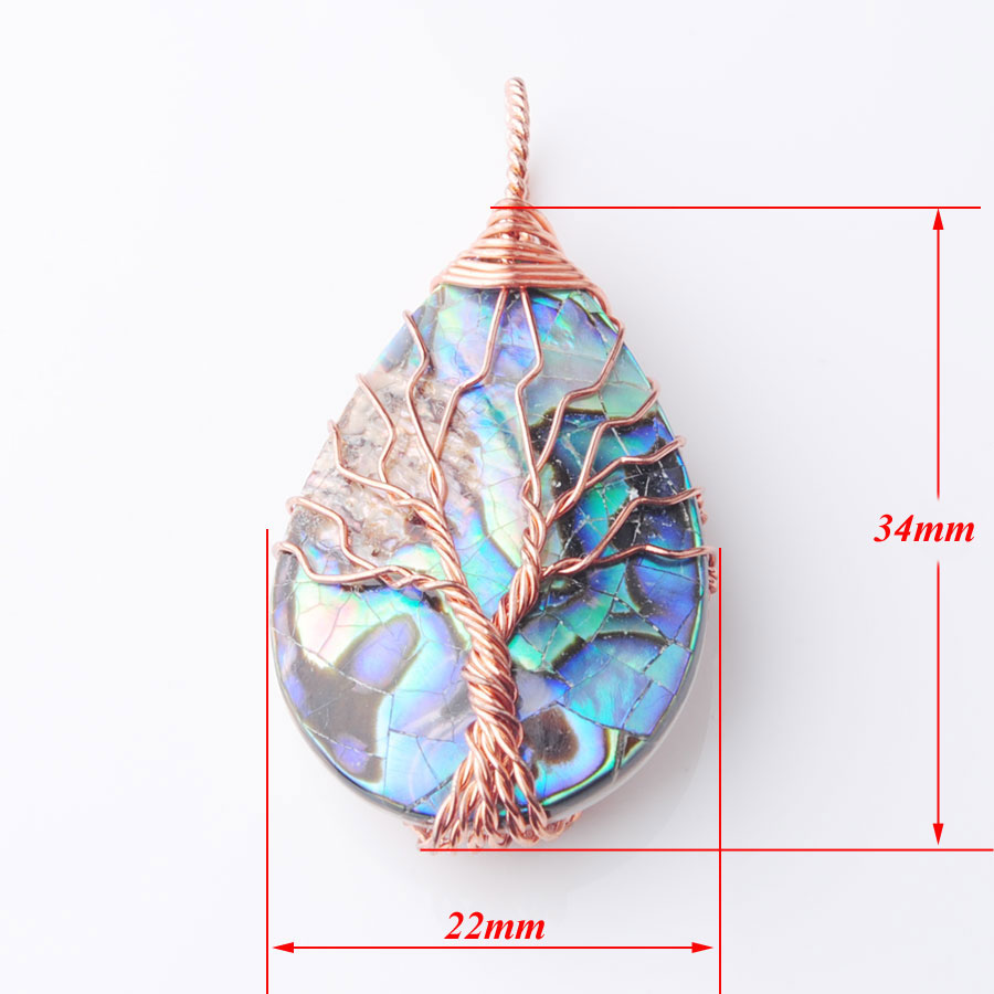 WOJIAER Tree of Life Rose Gold Metal Wire Wrap Water Drop Bead Necklace & Pendant Natural Abalone Shell Jewelry Chain 18 Inch W9310