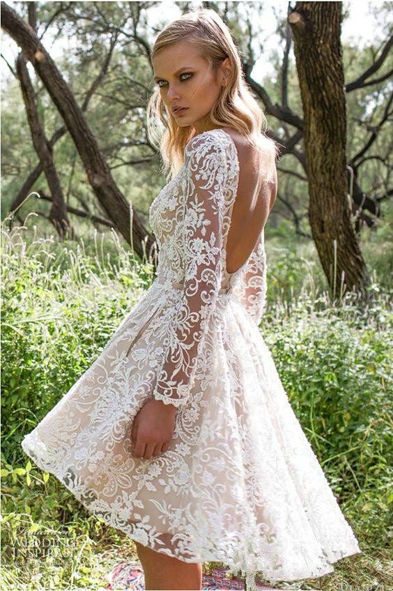 Vintage Lace Wedding Dresses with Detachable Skirt Long Sleeve Beaded Appliques Knee Length Wedding Dress A Line Backless Bridal Gowns