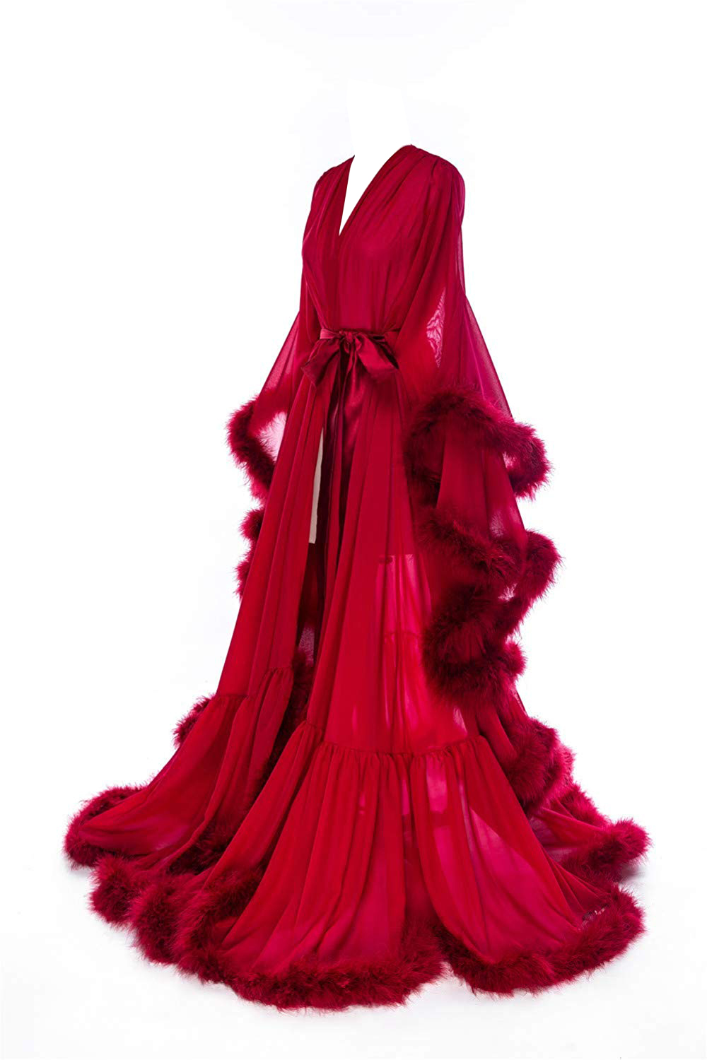 sexy feather chiffon evening robe v neck bridal robe wedding scarf long lingerie robe nightgown bathrobe sleepwear with belt