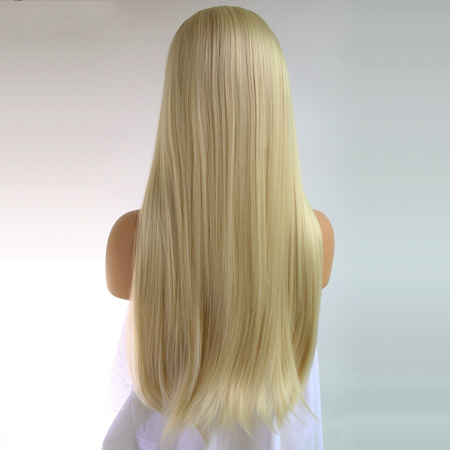 Natural Hairline Heat Resistant Straight Long Blonde Cosplay Wig Hand Tied Heat Resistant Synthetic Lace Front Wigs with bangs for Women