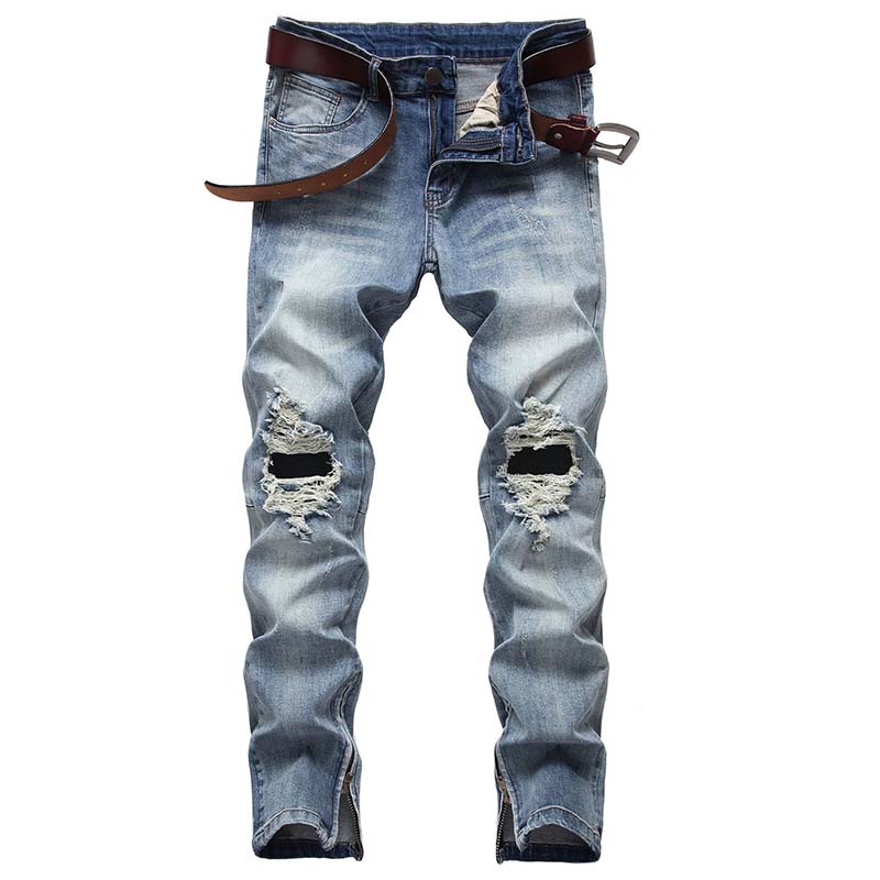 New Men Casual jeans denim Vintage Ripped Big Holes jeans Bleached Side Zipper Pencil pants Elastic Mid Waist high quality, T-0745 blue
New Men Casual jeans denim Vintage Ripped Big Holes jeans Bleached Side Zipper Pencil pants Elastic Mid Waist high quality, T-0745 blue