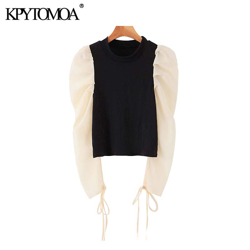 Vintage Stylish Organza Patchwork Short Style Knitted Blouses Women 2019 Fashion O Neck Puff Sleeve Female Shirts Chic Tops, As picture
Vintage Stylish Organza Patchwork Short Style Knitted Blouses Women 2019 Fashion O Neck Puff Sleeve Female Shirts Chic Tops, As picture