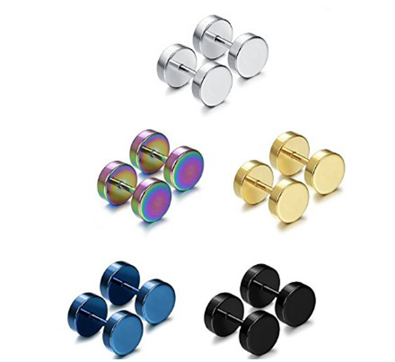 Hip Hop Men's Colorful Stainless Steel Dumbbell Screwback Stud Earrings Set Sports Fitness Jewelry Double Sides Wholesale