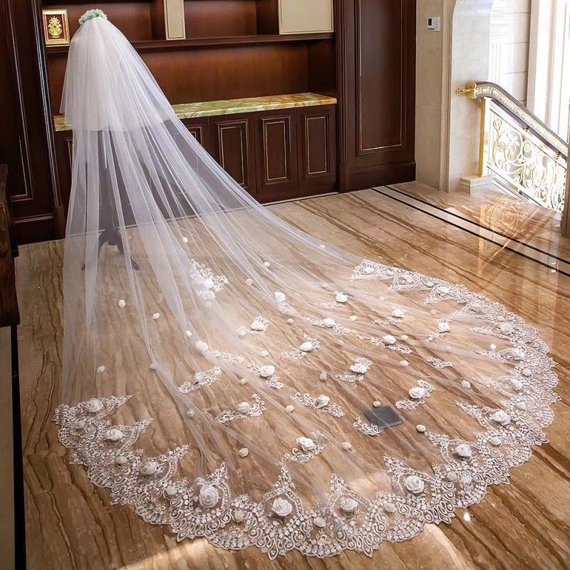 Wedding Bridal Veils 2T Cathedral Length 3m Long 3D Floral Appliqued Lace Bride Veil With Free Comb