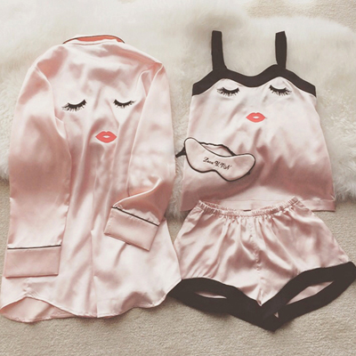 Summer Cartoon Satin Pajamas Sets Women 4pcs/set Long Sleeve Tops Camisole Shorts Eye Mask Home Clothing Sexy Sleepwear Mujer