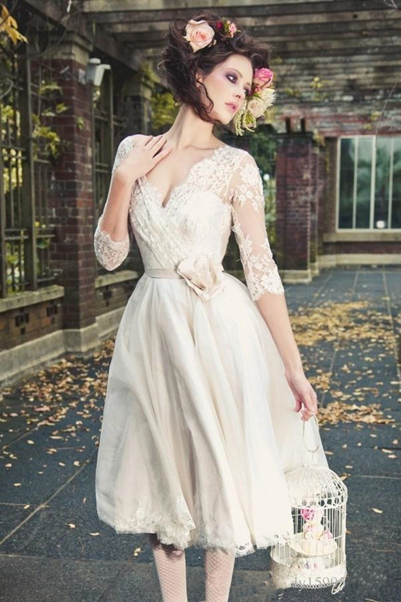 2020 New Vestidos De Noiva Vintage Wedding Dress Lace Half Sleeve Bridal Gowns A Line Tea Length Beach Garden Wedding Dresses
