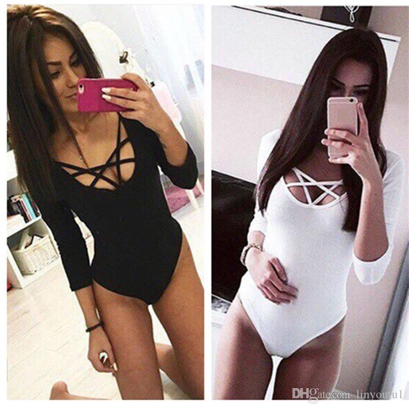 2020 Hot Sexy Women 3/4 Sleeve Bodysuit Bodycon Lady Leotard Body Tops Jumpsuit T-shirt V Neck Hollow out Bodysuit