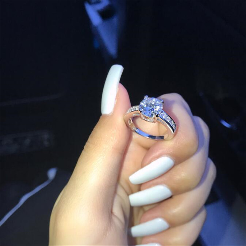 Classical Simple Fashion Jewelry Real 925 Sterling Silver High Quality Round Cut White Topaz CZ Diamond Promise Women Wedding Band Ring Gift