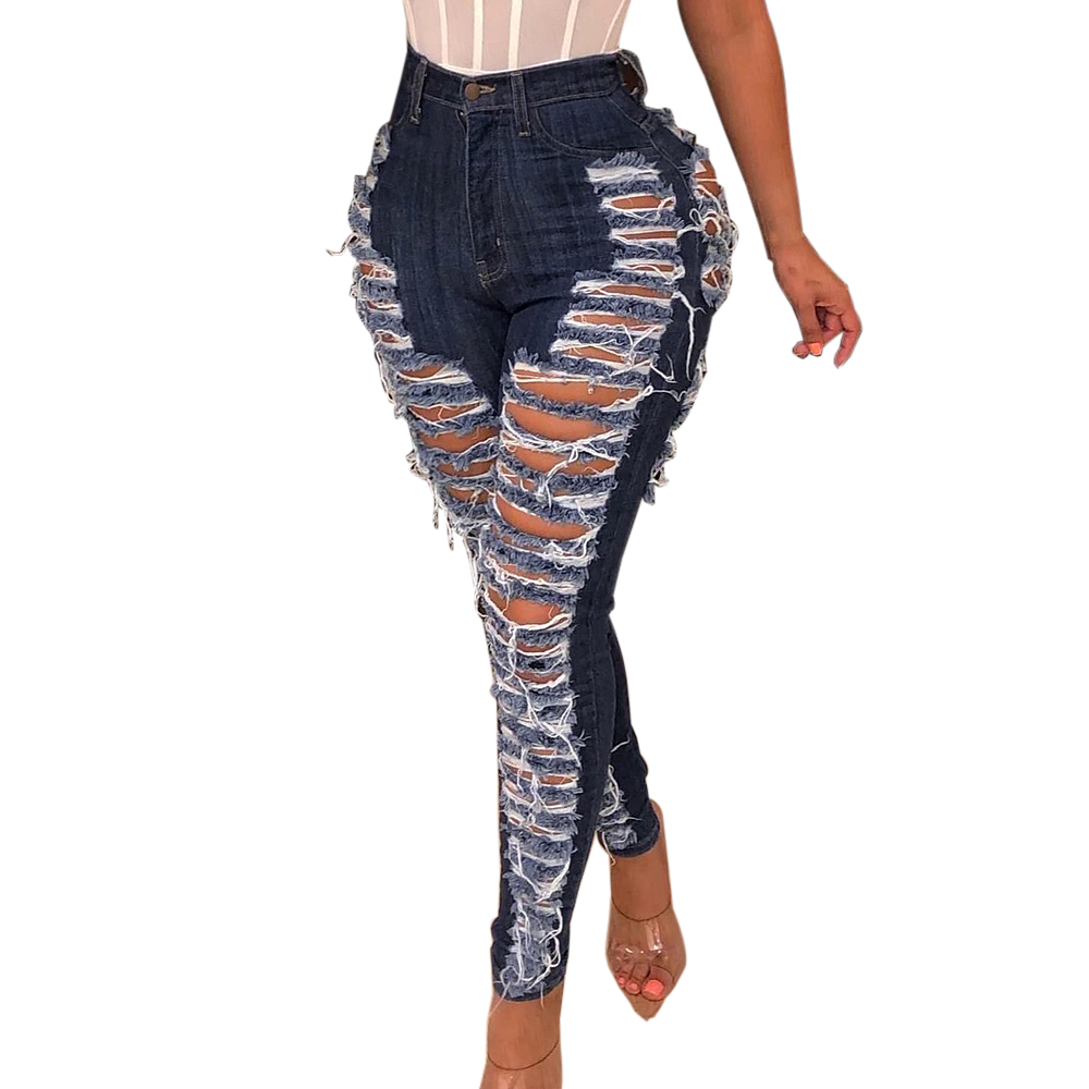 Women Sexy Ripped Hole Jeans Fashion Casual Washed Denim Pants Femme Destroyed High Waist Skinny Pencil Pants Bodycon Trouser