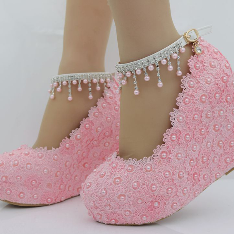 Pink Blue White Lace Wedding Shoes with Beading Buckle Straps Wedge Heel Fashion Women Pumps 4 Inches High Heel Bridesmaid Shoes