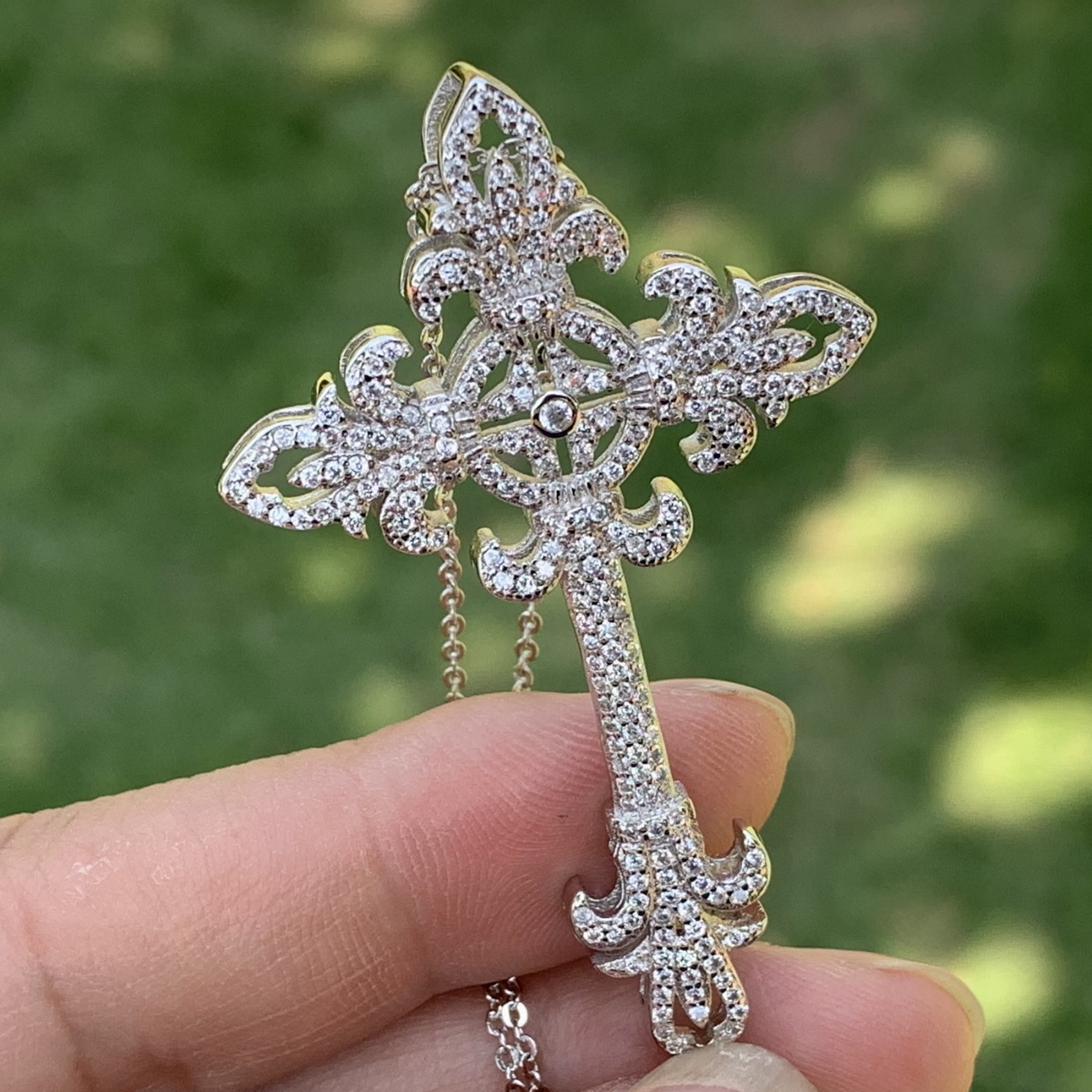 Key Cross Pendant Sterg Sier Necklace with White Sapphire CZ Dia Women Wedding Gift