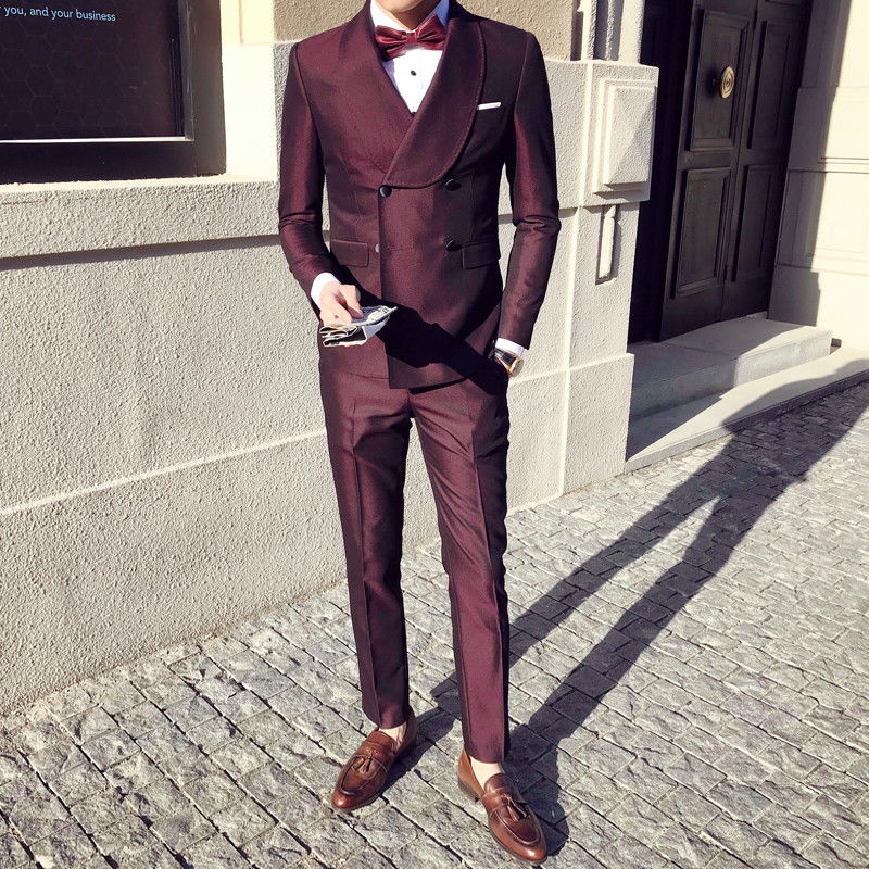 2019 Wine Red Mens Designer Suits Double-breasted Lapel Jackets Slim Fit Groom Tuxedos Custom Made(Jacket+Pants)