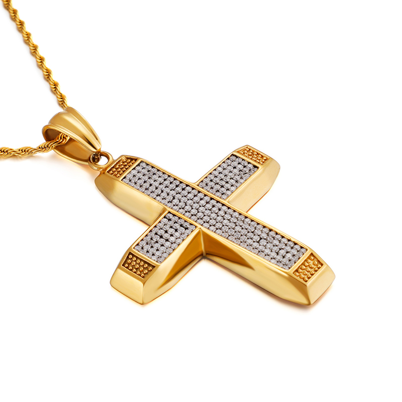 Men's Hip Hop Cross Pendants Necklace 316L Stainless Steel Full Cubic Zirconia Setting 18K Gold Plated Jewelry