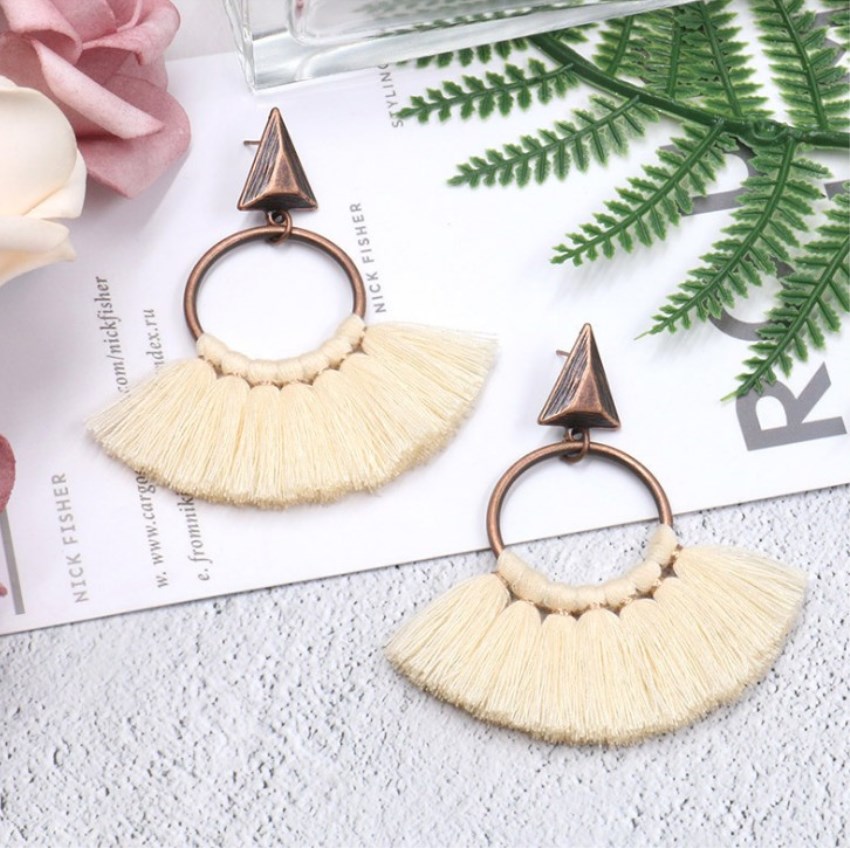 Fringed round earrings bohemian fan pendant earrings fashion creative earrings female handmade fan-shaped women's daily wear, party