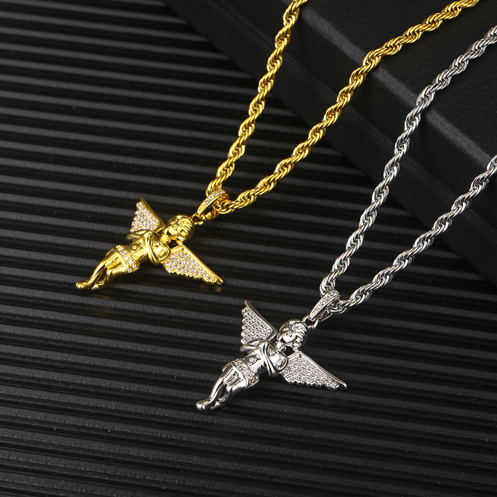 Full Charm White Zirconia Hip Hop Praying Hands Flying Angel Pendant Necklace Jewelry Fairy Crystal Wing Pendants