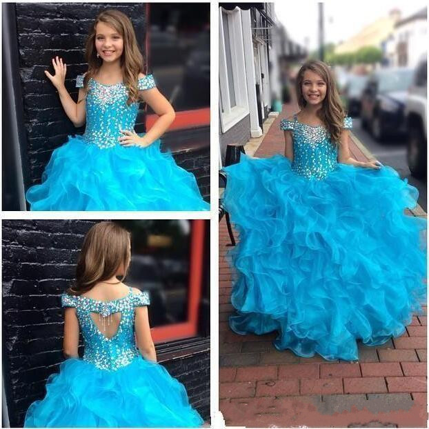 tiered skirts blue flower gilr dresses beaded off shoulder little girl wedding dresses beautiful child pageant dresses gowns