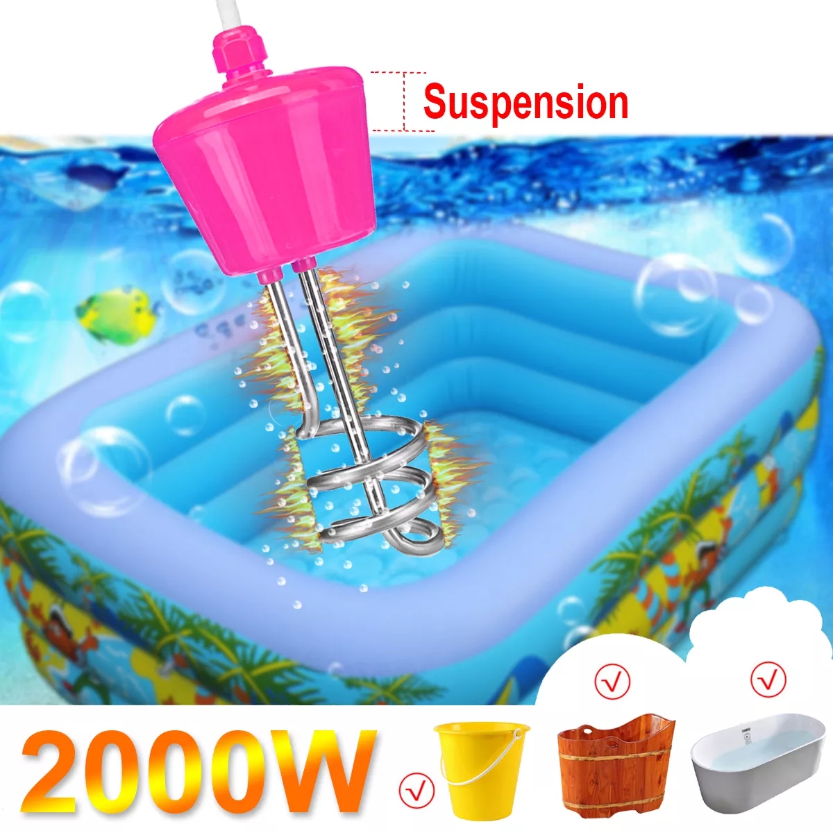 2000W Suspension Immersion Water Heater Stainless Steel for Inflatable Pool Tub