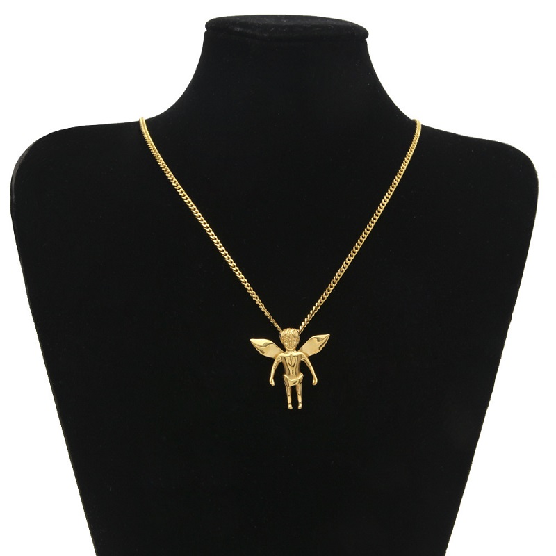 Fashion- Hip Hop Necklace Gold Stainless Steel Baby Angle Pendant Necklaces Cuban Link Chain Mens Jewelry