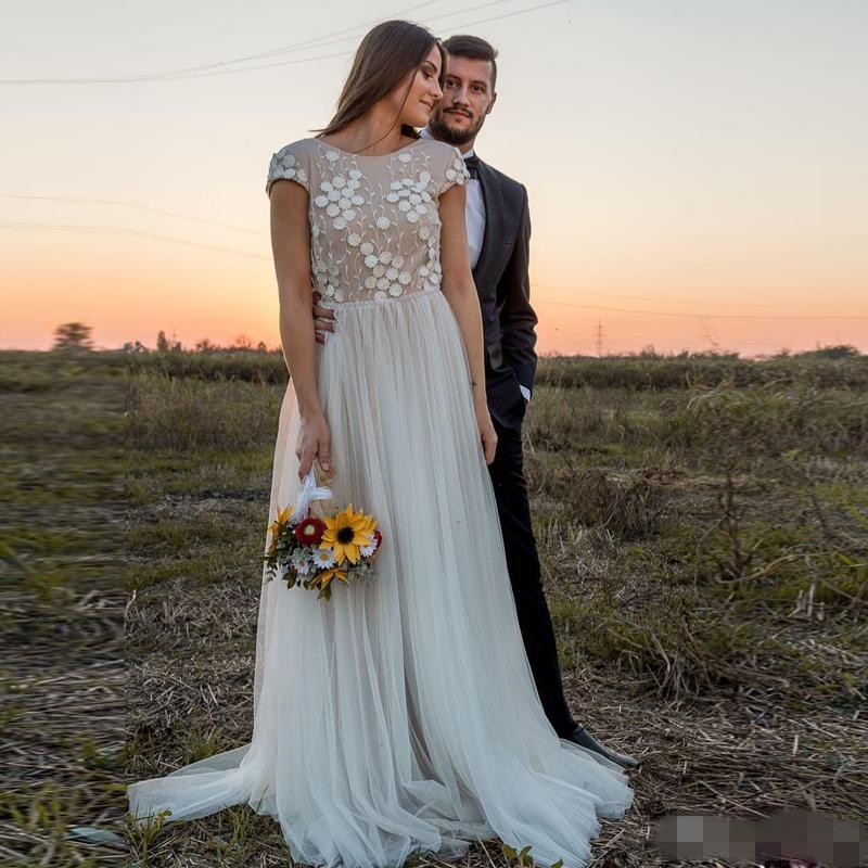 D Ral Applique Country Dresses Sexy Backless Short Sleeves Sweep Train Tulle Plus Size Wedding Gown Vestido De Novia