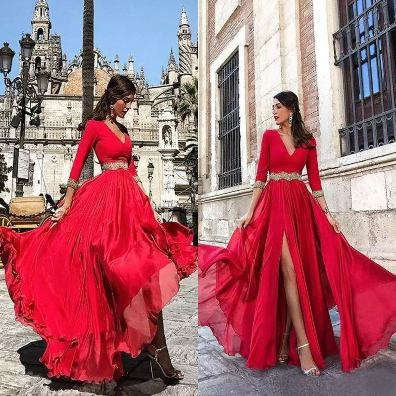 A Line Chiffon Prom Dresses Red 3/4 Long Sleeves Floor Length Evening Gowns With Side Split Pageant Dress Women Formal Wear